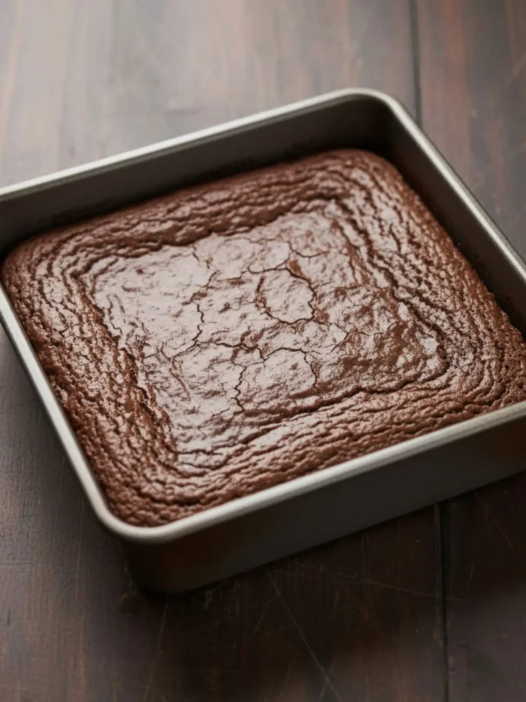 Homemade Brownie Recipe Single plated brownie recipe serving with a shiny top, soft fudgy center, and rich chocolate crumb in a close-up dessert presentation.