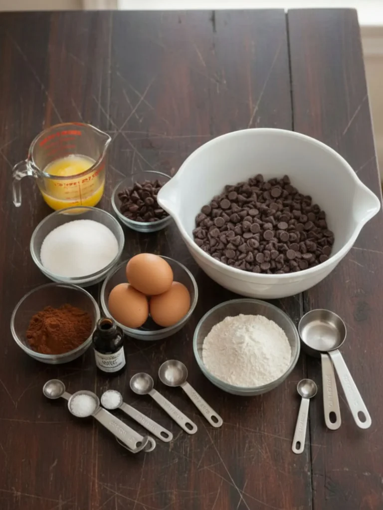 Homemade Brownie Recipe Brownie recipe ingredients arranged for baking, including butter, sugar, cocoa powder, eggs, vanilla, flour, salt, and semisweet chocolate chips.