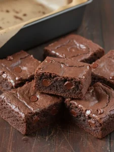 Homemade Brownie Recipe Full brownie recipe in an 8-inch square pan with a shiny crackly top, rich chocolate color, and neatly lined parchment after cooling.