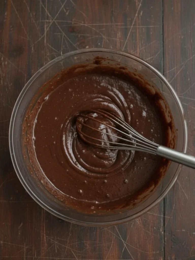 Homemade Brownie Recipe Brownie recipe step 3 with sugar and cocoa whisked into warm butter, forming a thick dark base for homemade brownies.