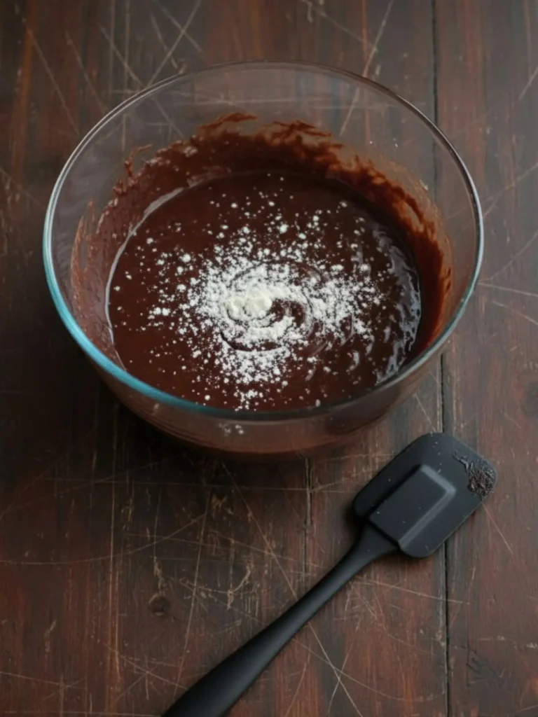 Homemade Brownie Recipe Brownie recipe step 4 showing eggs, vanilla, and salt mixed into the cocoa base until the batter looks smooth, dark, and glossy.