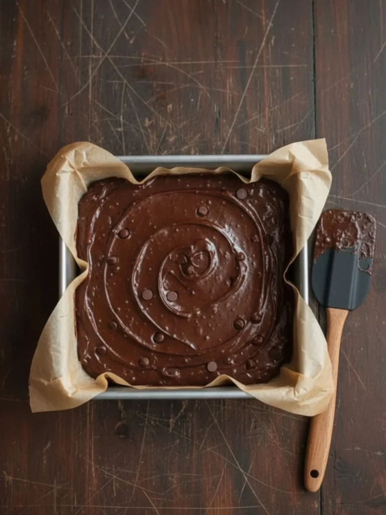 Homemade Brownie Recipe Brownie recipe step 7 with thick chocolate batter spread evenly into the lined square pan, ready to bake into fudgy brownies.