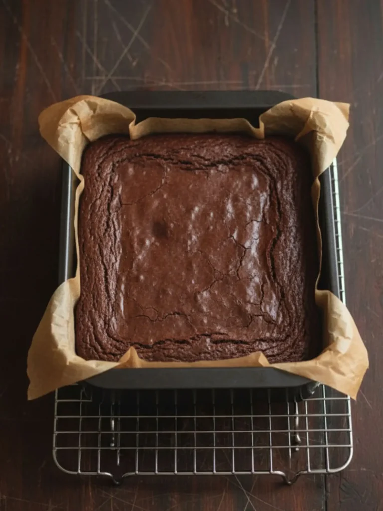 Homemade Brownie Recipe Brownie recipe step 8 showing baked brownies with a shiny crackly top, set edges, and a fudgy center still visible in the pan.