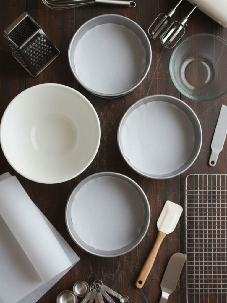 Carrot Cake Recipe Baking tools for carrot cake recipe featuring 9-inch round pans, parchment paper, white mixing bowl, whisk, spatula, cooling rack, and hand mixer neatly arranged before use.