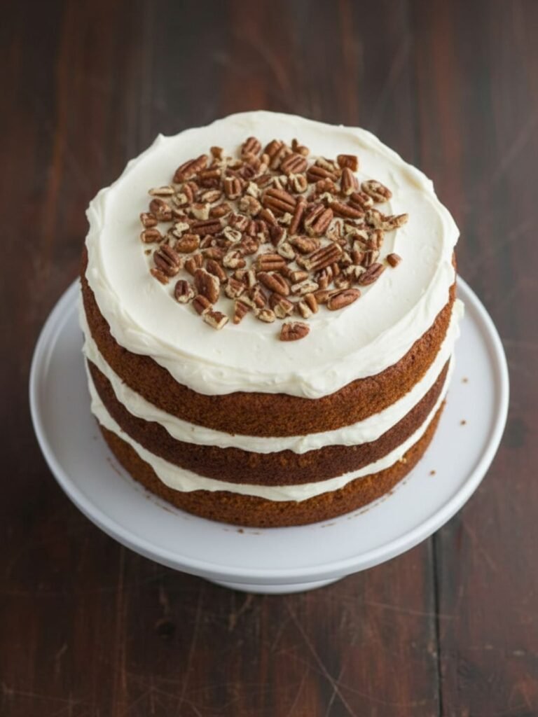 Carrot Cake Recipe Angled close view of moist carrot cake recipe highlighting thick cream cheese frosting layers and tender crumb texture with visible carrot flecks and nuts.