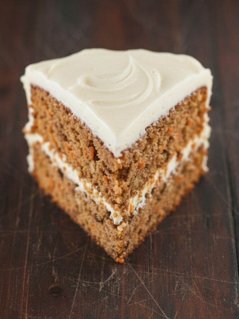 Carrot Cake Recipe Single plated slice of homemade carrot cake recipe showing moist crumb, creamy frosting layers, and toasted pecan topping ready for serving.