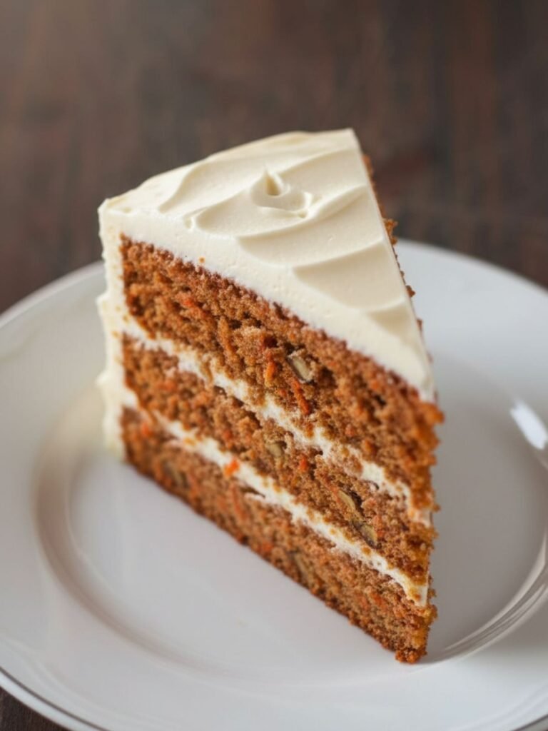Carrot Cake Recipe Side view of carrot cake recipe with one slice removed, revealing dense yet soft interior crumb, visible grated carrots, and creamy frosting between layers.