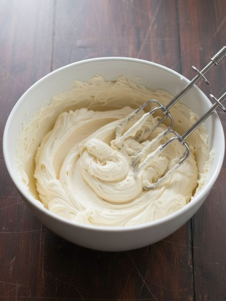 Carrot Cake Recipe Smooth cream cheese frosting whipped for carrot cake recipe in white bowl, thick and airy with pale ivory texture ready for assembling layers.