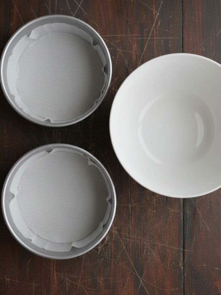 Carrot Cake Recipe Two greased and parchment-lined 9-inch cake pans prepared for carrot cake recipe batter before filling and baking.