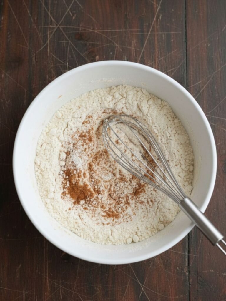 Carrot Cake Recipe Flour, baking powder, baking soda, salt, and warm spices whisked together in bowl for carrot cake recipe before being added to wet mixture.