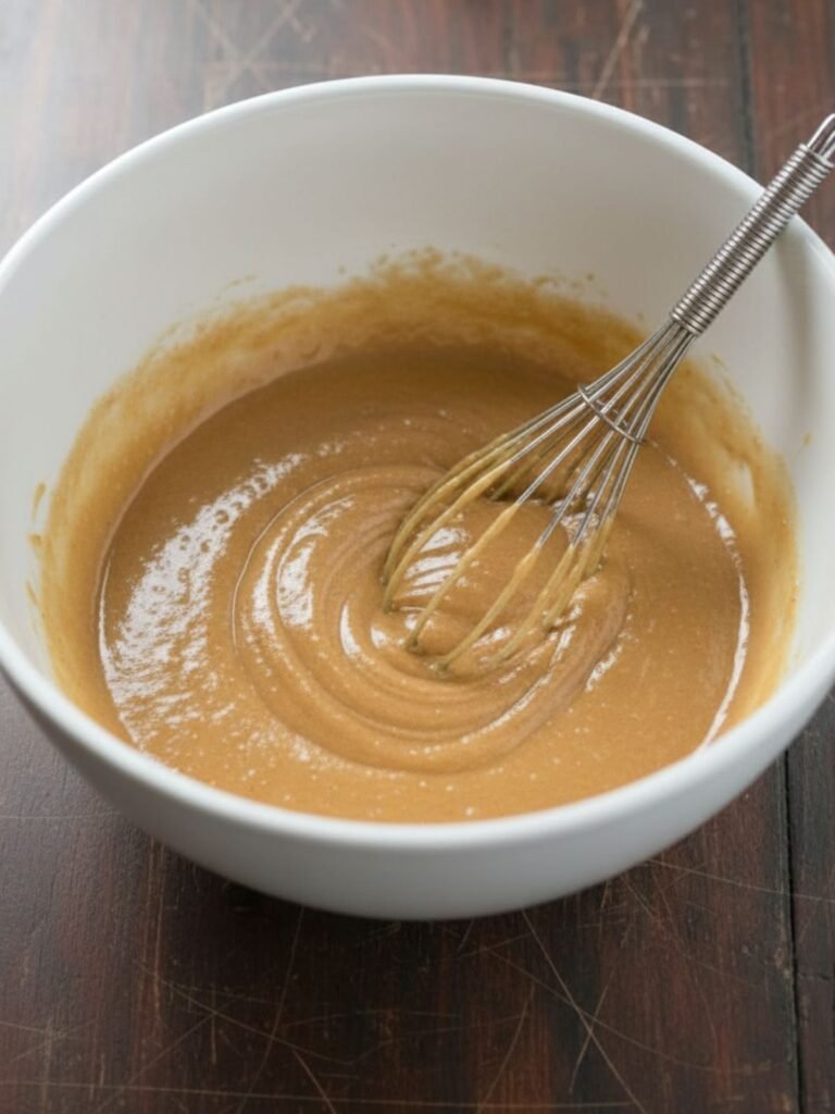 Carrot Cake Recipe Wet ingredients whisked together in white bowl for carrot cake recipe, creating a smooth glossy mixture of sugar, oil, eggs, applesauce, and vanilla.