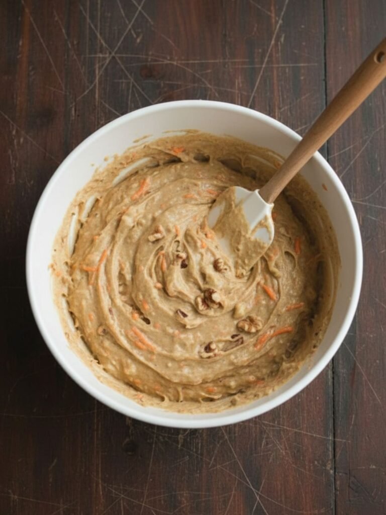 Carrot Cake Recipe Thick carrot cake recipe batter forming as dry ingredients are folded into wet mixture, showing smooth tan texture inside mixing bowl.