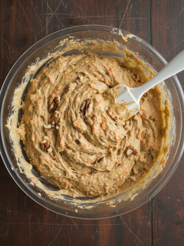 Carrot Cake Recipe Freshly grated carrots and toasted pecans folded into carrot cake recipe batter, creating textured mixture with visible orange shreds and nut pieces.