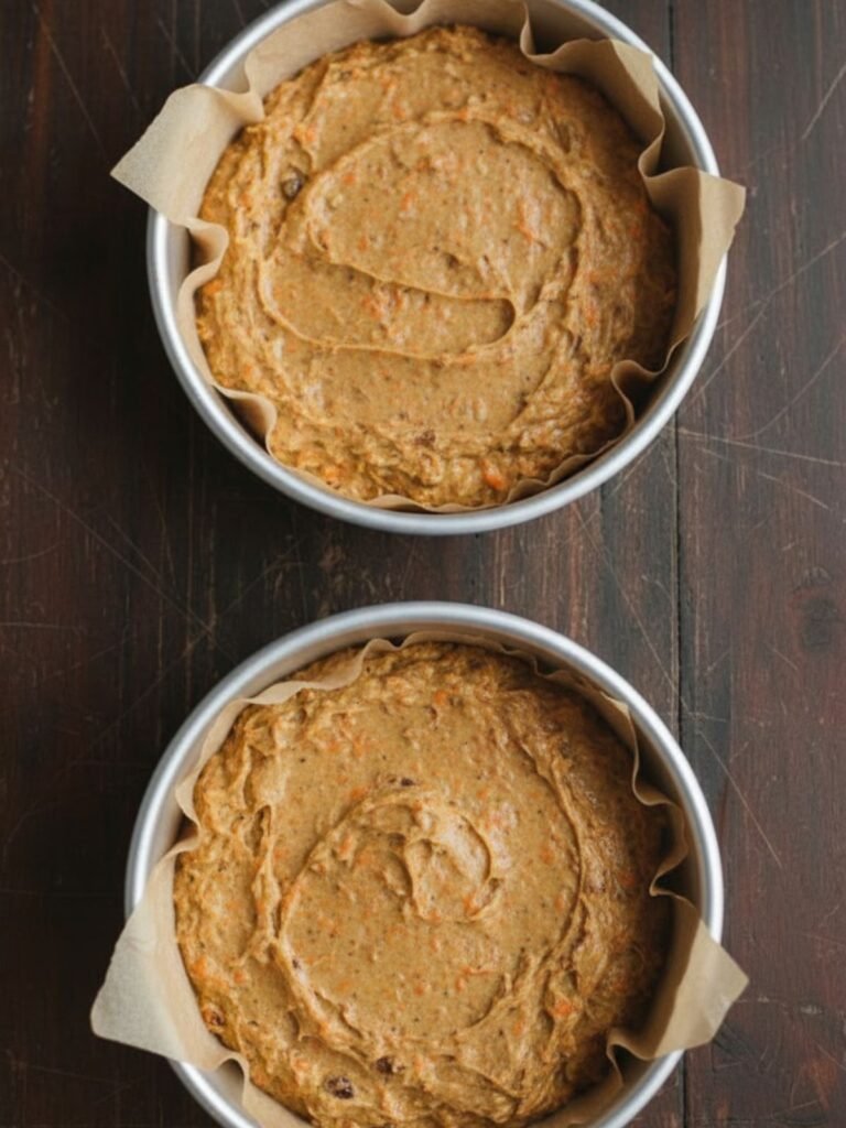 Carrot Cake Recipe Carrot cake recipe batter evenly divided into prepared 9-inch pans with slightly textured surface ready for baking in oven.