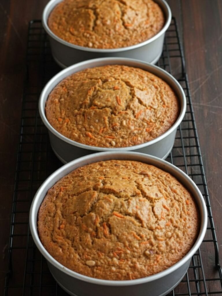 Carrot Cake Recipe Freshly baked carrot cake recipe layers cooling in pans, showing lightly domed tops and golden edges pulling slightly from sides.