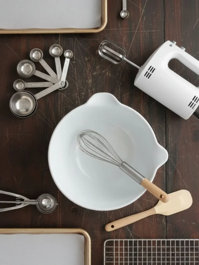 Cheesecake Cookies Recipe Baking tools for cheesecake cookies including mixing bowl, electric mixer, cookie scoop, measuring cups, parchment-lined baking sheets, spatula, whisk, and cooling rack.