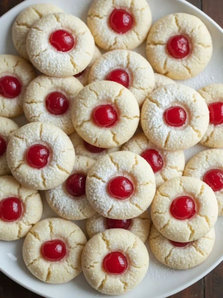 Cheesecake Cookies Recipe Finished cheesecake cookies arranged on a plate with powdered sugar and maraschino cherry centers, showing soft pale cookies from a homemade cheesecake cookies recipe.