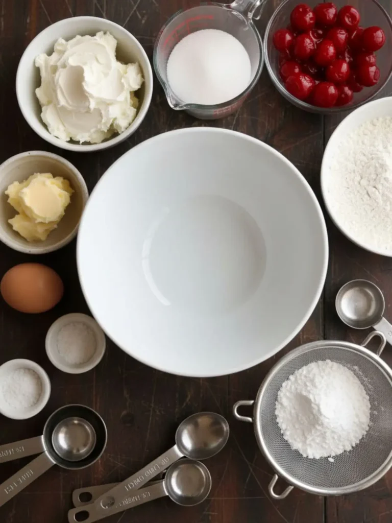 Cheesecake Cookies Recipe Measured ingredients for cheesecake cookies including cream cheese, butter, sugar, egg, flour, baking powder, powdered sugar, and maraschino cherries arranged for baking.