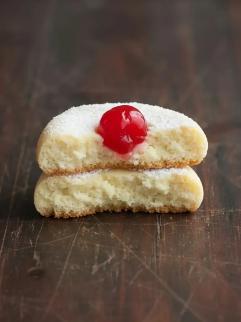 Cheesecake Cookies Recipe Broken cheesecake cookie revealing moist, cakey interior crumb with cherry center, showing the soft cheesecake-like texture of homemade cheesecake cookies.