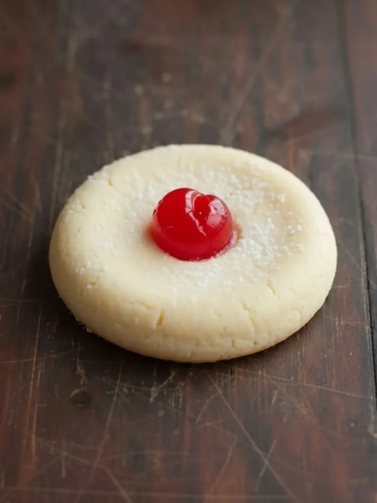 Cheesecake Cookies Recipe Single plated cheesecake cookie topped with powdered sugar and maraschino cherry center, ready to serve as a sweet homemade dessert.