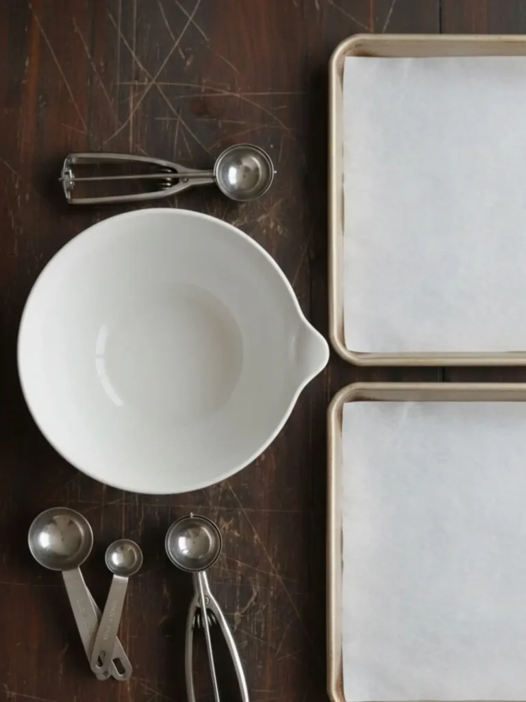 Cheesecake Cookies Recipe Parchment-lined baking sheets prepared beside mixing bowl and measuring tools before starting the cheesecake cookies recipe.