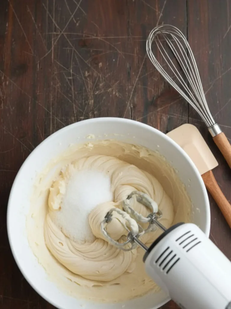 Cheesecake Cookies Recipe Smooth cream cheese cookie batter after adding egg, showing glossy texture forming for cheesecake cookies dough.