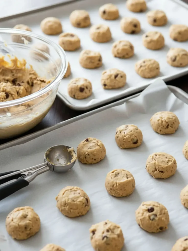 Cheesecake Cookies Recipe Scoops of cheesecake cookie dough portioned onto parchment-lined baking sheets, evenly spaced before baking.