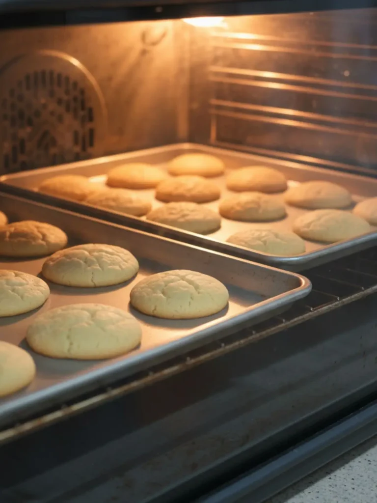 Cheesecake Cookies Recipe Cheesecake cookies baking in the oven as the dough rounds rise and form soft pale cookies with light cracks.