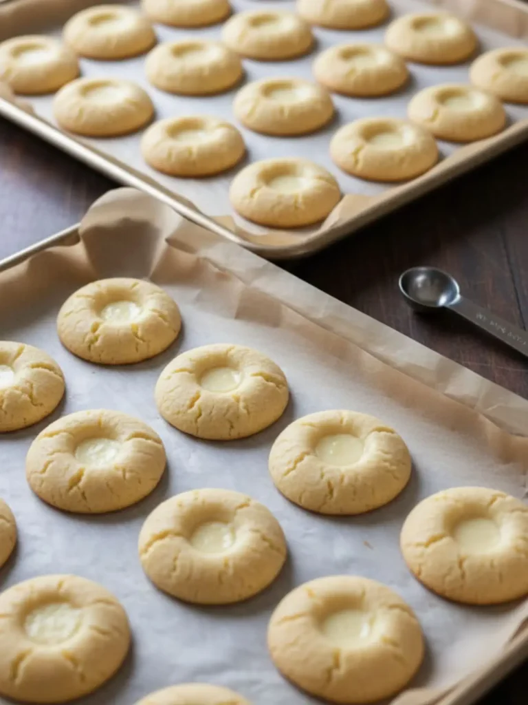 Cheesecake Cookies Recipe Freshly baked cheesecake cookies with small center indentations pressed into the tops to hold cherry filling.