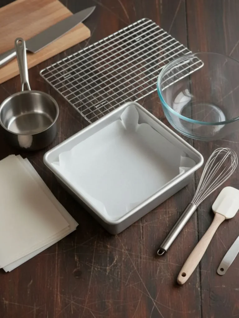 Cosmic Brownies Recipe Baking tools for cosmic brownies laid out neatly, including an 8-inch square pan, parchment paper, saucepan, glass bowl, whisk, spatula, rack, and knife.