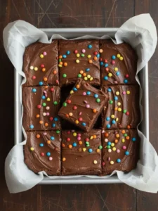 Cosmic Brownies Recipe Finished cosmic brownies in an 8-inch square pan with glossy chocolate topping, rainbow candy chips, and neatly cut bars viewed from above.
