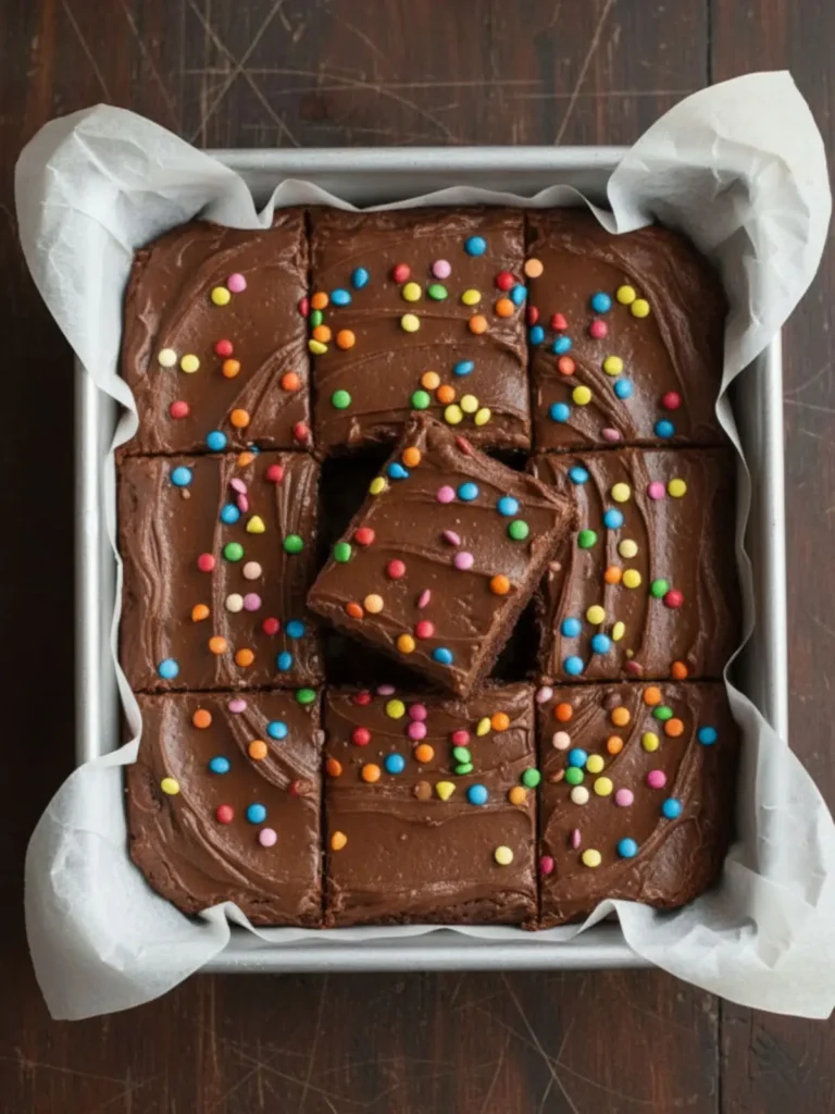 Cosmic Brownies Recipe Finished cosmic brownies in an 8-inch square pan with glossy chocolate topping, rainbow candy chips, and neatly cut bars viewed from above.