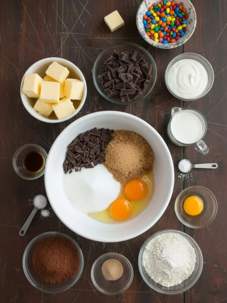 Cosmic Brownies Recipe Measured ingredients for cosmic brownies arranged before baking, including butter, bittersweet chocolate, cocoa, sugars, eggs, flour, cream, and rainbow chips.