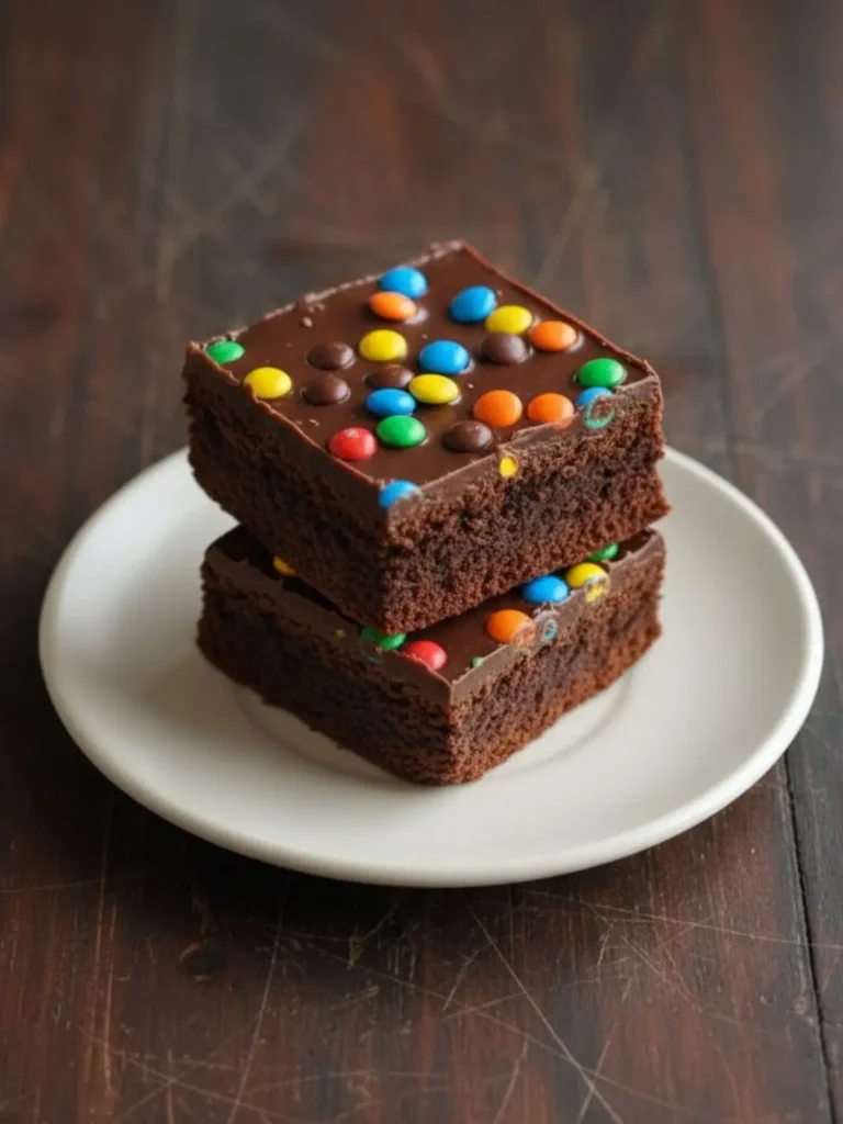 Cosmic Brownies Recipe Homemade cosmic brownies shown at a 45-degree angle in the same square pan, with smooth chocolate topping and colorful candy chips on top.