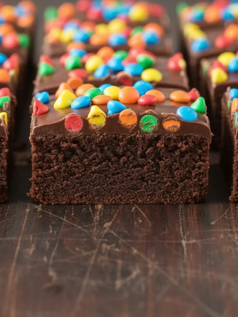 Cosmic Brownies Recipe Sliced cosmic brownies showing the dense, moist, chewy interior crumb with a thin chocolate topping and rainbow candy-coated chips.