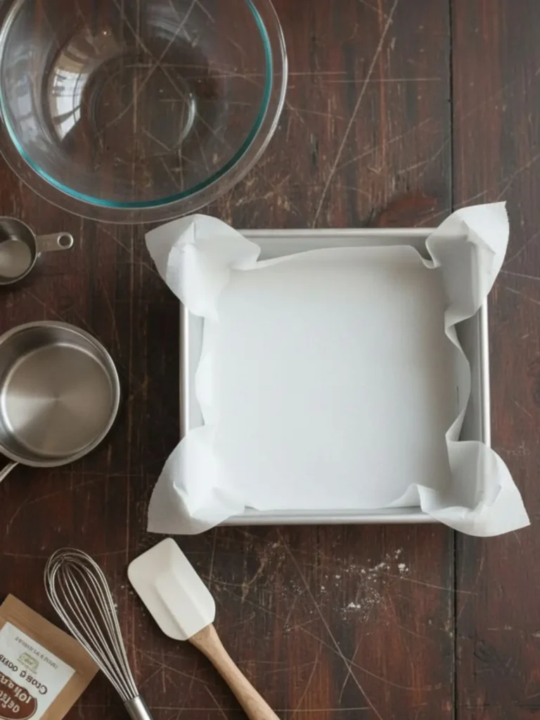 Cosmic Brownies Recipe Prepared 8-inch square pan lined with parchment for cosmic brownies, set up for baking before the batter is made.