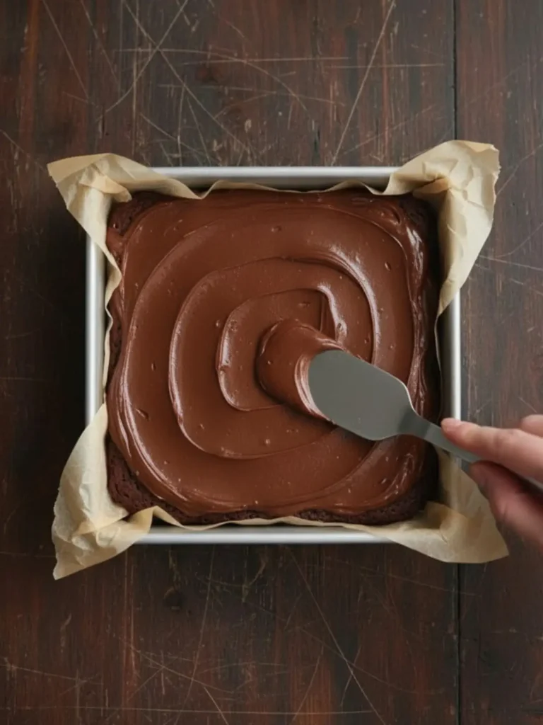 Cosmic Brownies Recipe Smooth chocolate topping spread over cooled cosmic brownies in the same square pan, creating an even glossy layer.