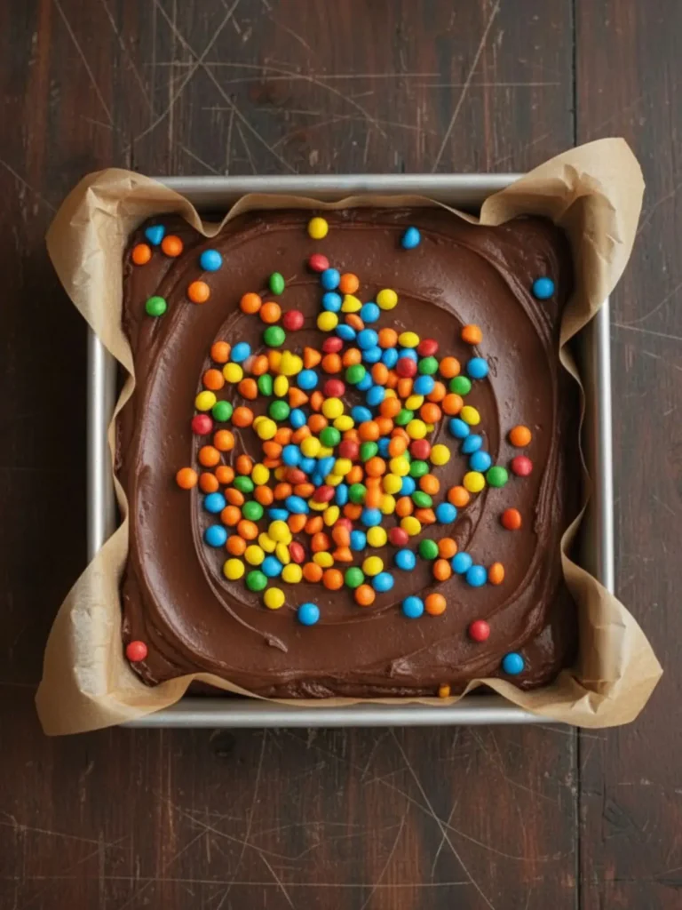 Cosmic Brownies Recipe Rainbow candy-coated chips sprinkled over the soft chocolate topping on cosmic brownies in the same pan before chilling.