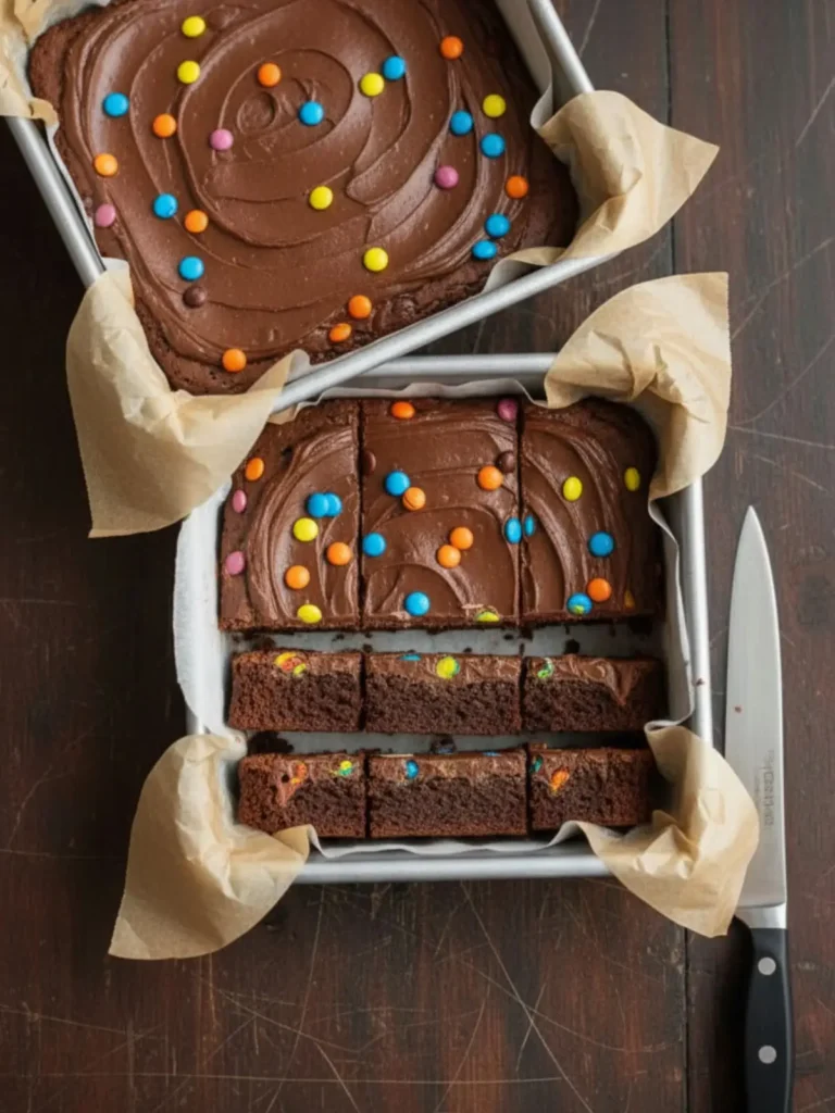 Cosmic Brownies Recipe Finished cosmic brownies lifted from the pan and sliced into neat bars, showing a chewy fudgy interior and colorful candy-topped surface.