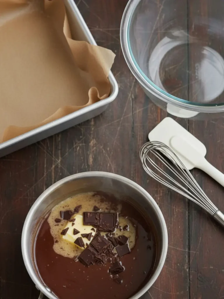Cosmic Brownies Recipe Butter and chopped bittersweet chocolate melting in a saucepan for cosmic brownies while the lined square pan waits nearby.