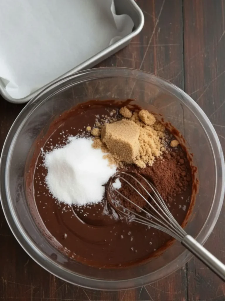 Cosmic Brownies Recipe Melted chocolate mixture in a glass bowl for cosmic brownies with granulated sugar, brown sugar, and cocoa just added before whisking.