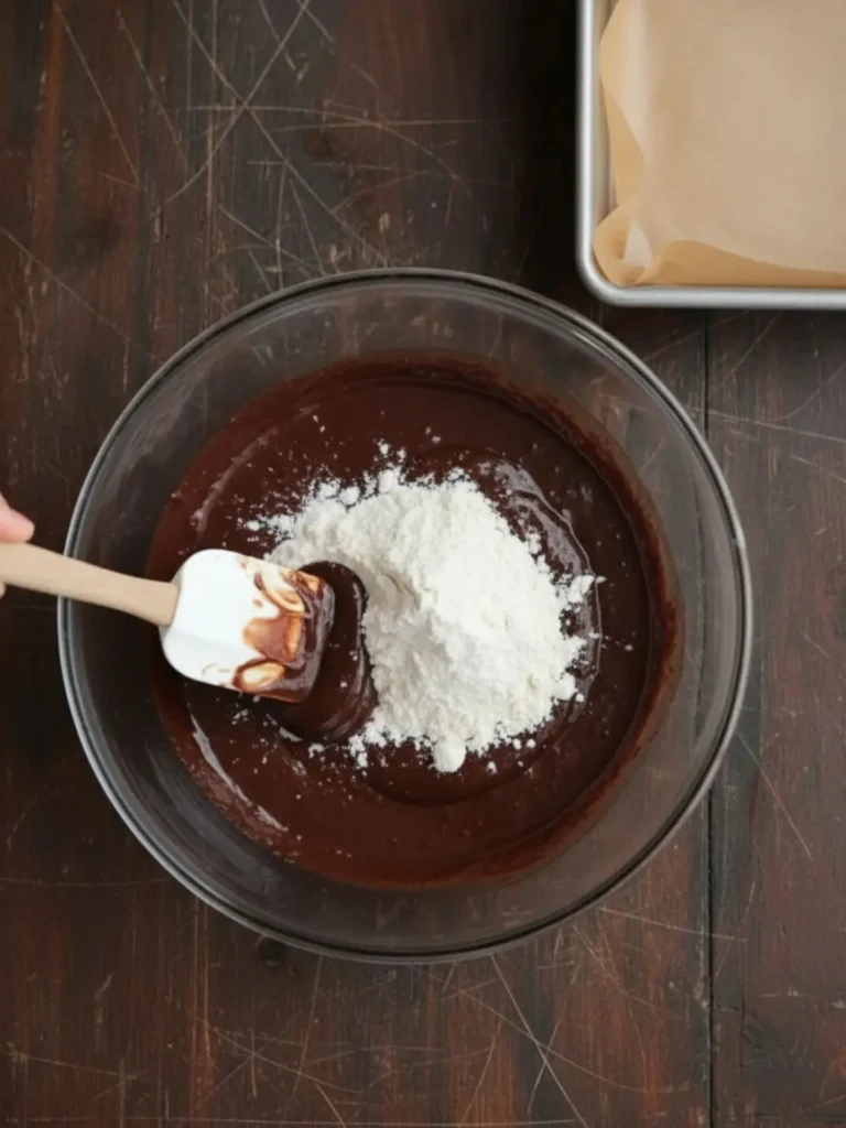 Cosmic Brownies Recipe Flour, cornstarch, and salt being folded into cosmic brownies batter with a spatula, thickening the mixture into a dense chocolate batter.