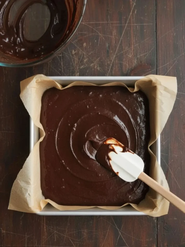 Cosmic Brownies Recipe Thick homemade cosmic brownies batter spread evenly into the parchment-lined square pan with a spatula before baking.