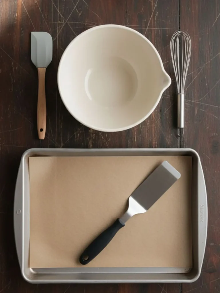 Crispy Brownies Baking tools for crispy brownies including mixing bowl, whisk, spatula, parchment-lined baking sheet, and offset spatula arranged neatly
