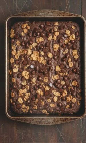 Single crispy brownie shard in macro view highlighting thin crisp edges, crackled surface, and rich chocolate texture