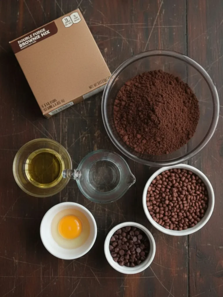 Crispy Brownies Measured ingredients for crispy brownies including brownie mix, oil, egg white, water, chocolate chips, and crispy rice cereal arranged before baking