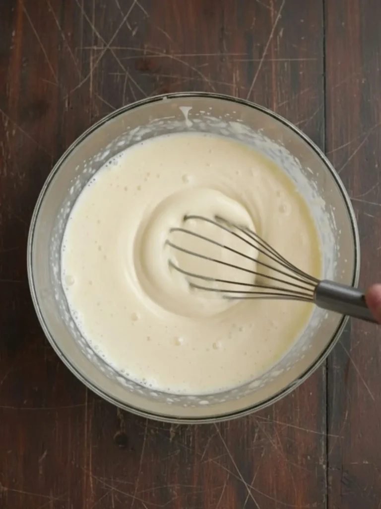 Crispy Brownies Oil, water, and egg white combined in a mixing bowl at the start of making crispy brownies before whisking begins