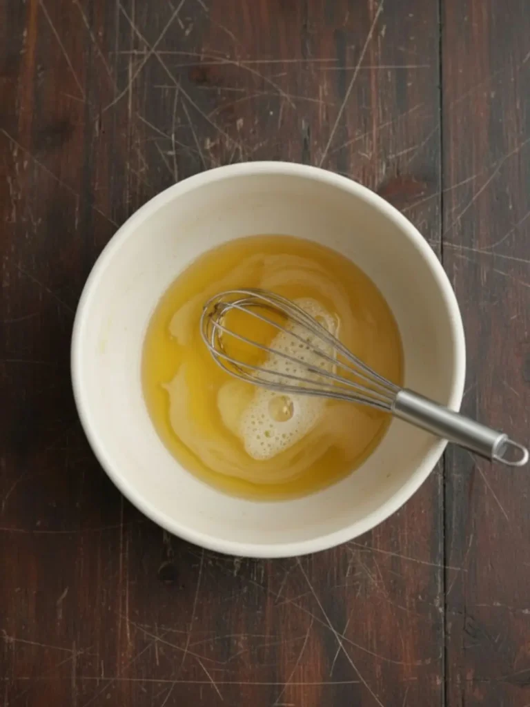 Crispy Brownies Liquid ingredients being whisked into a smooth mixture in the same bowl while preparing crispy brownies batter base