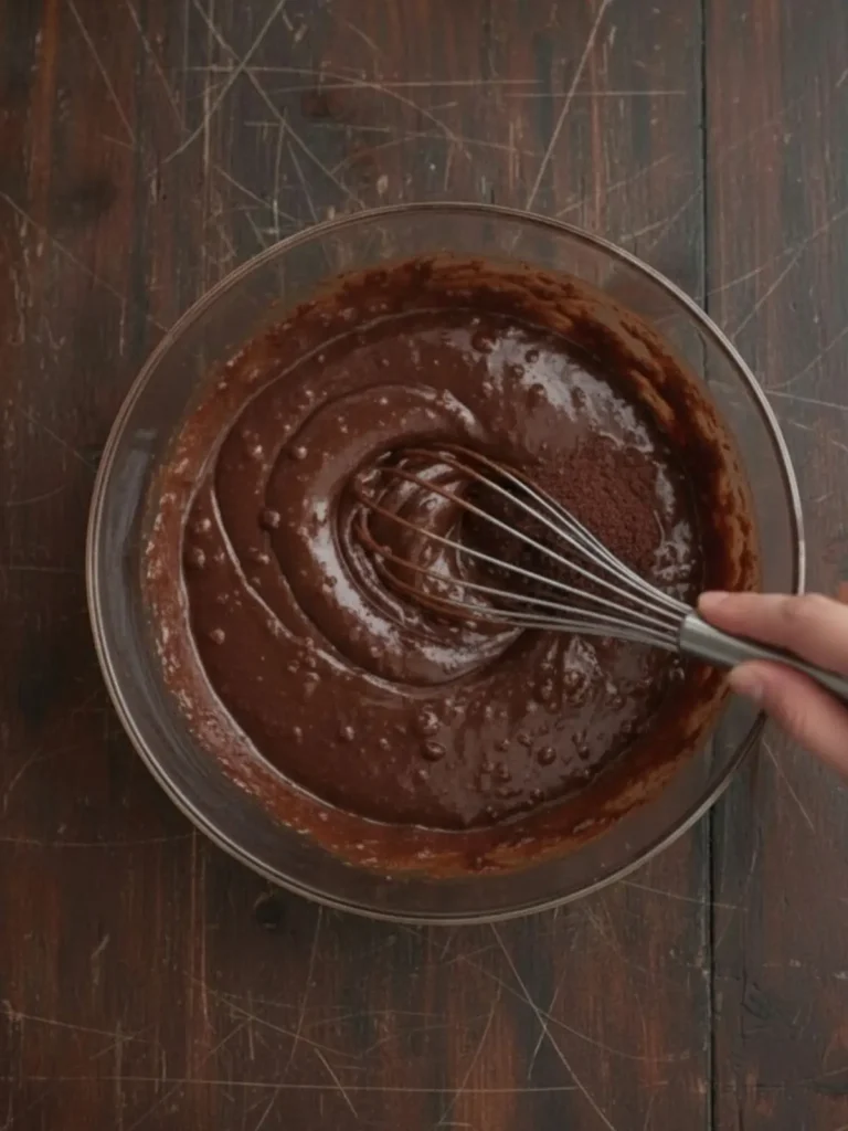 Crispy Brownies Thick chocolate batter forming as brownie mix is added and combined into the whisked liquid mixture for crispy brownies