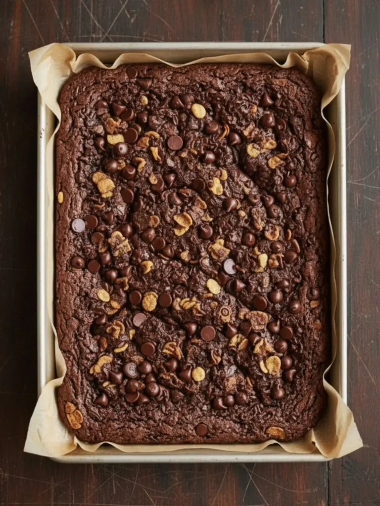 Crispy Brownies Broken crispy brownies pieces revealing thin crunchy interior with chocolate chips and crisp cereal embedded throughout